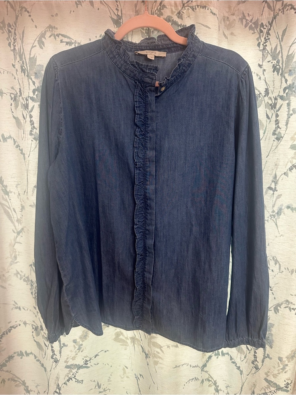 LOFT Dark Blue Ruffled Denim Button-Down Shirt